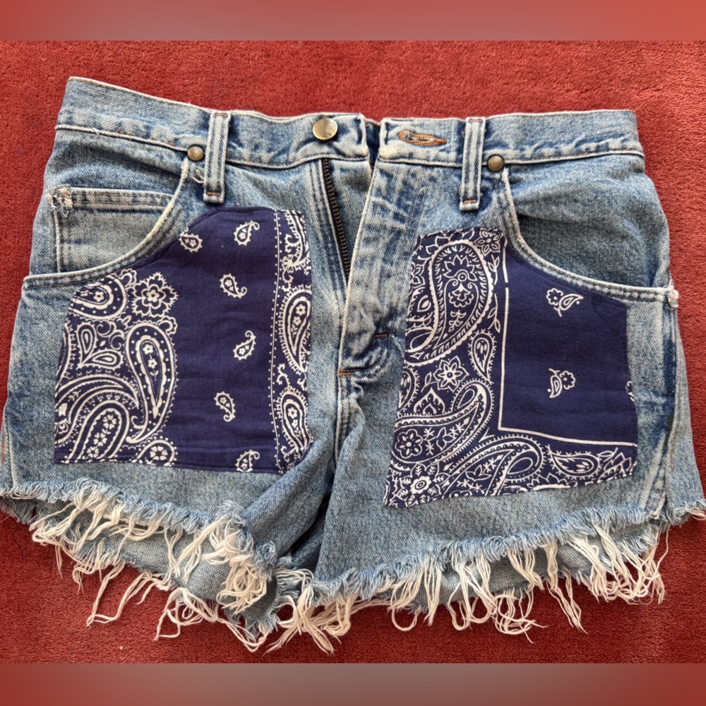 Wrangler Denim Jean Shorts with Navy Bandana Patches